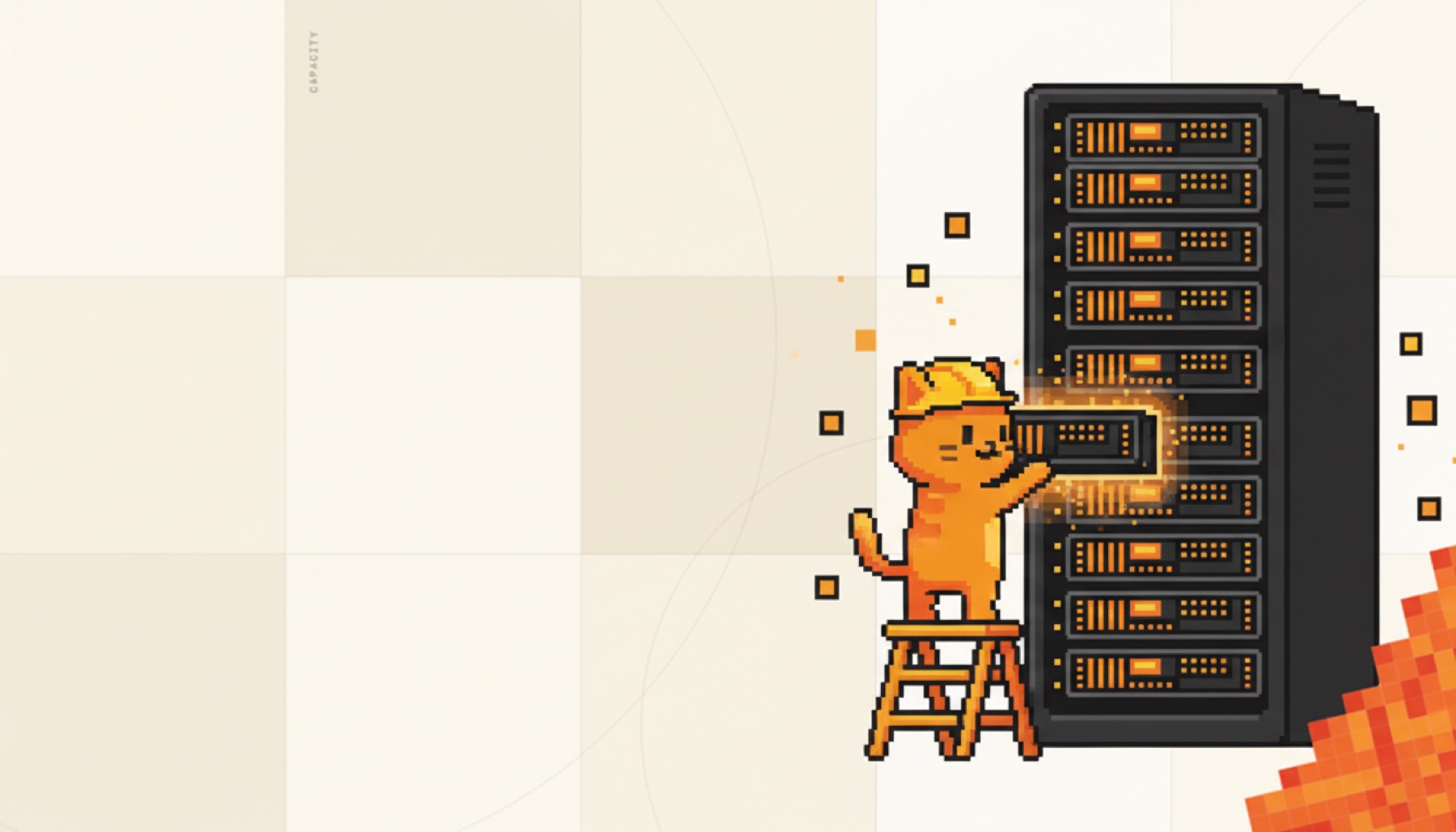 A pixel-art cat installing a GPU server into a rack