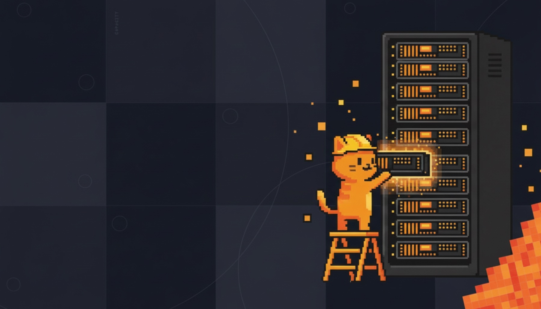 A pixel-art cat installing a GPU server into a rack